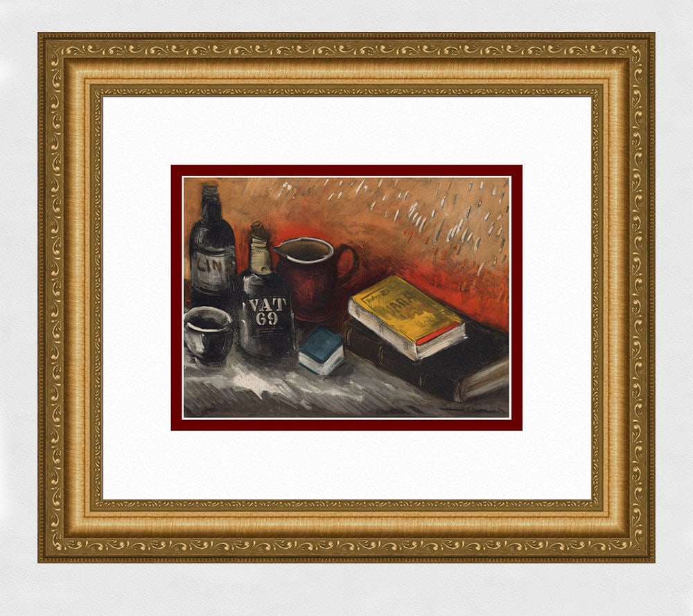 Maurice de Vlaminck Nature Morte au Whisky 1958 lithograph: Maurice de Vlaminck. (1876-1958). Nature Morte au Whisky. Color Lithograph on Wove Paper after the Original 1945 Painting. 1958. Signed in the plate. Excellent. Atelier Mourlot. Image Size 7 1/2 x 9 i