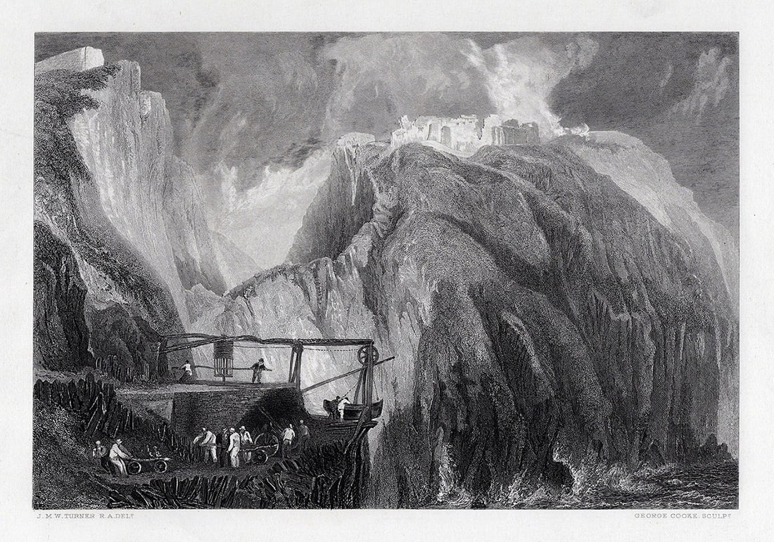 JMW TURNER 1800s Engraving Rocky Coastal Scene with Ship Framed SIGNED (1 of 3)