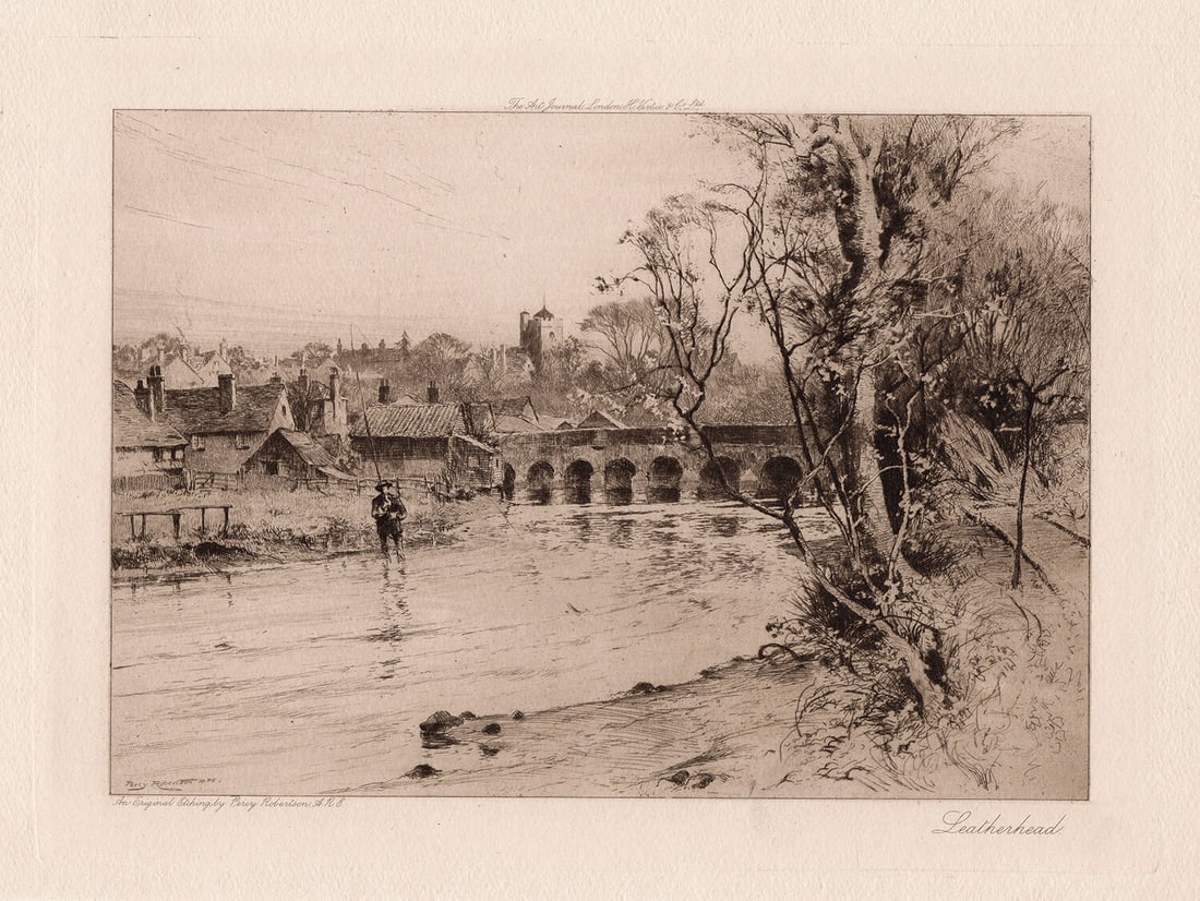 Percy Robertson 1901 etching Leatherhead signed: Percy Robertson. (English, 1868-1934). Leatherhead. Original etching on wove paper. 1901. Signed in the plate. Excellent. Image size 8 3/8 x 11 1/4 inches. Approximately 17 x 20 inches. This piece has