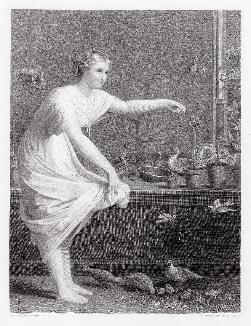 Hamon 1879 engraving Feeding the Chickens signed (1 of 2)