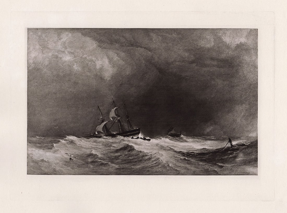Copley Fielding 1888 engraving A Ship in Distress signed: Copley Fielding. (Anthony Vandyke Fielding) (English, 1787-1855). A Ship in Distress. Antique engraving on wove paper after the original watercolor by master engraver Dujardin. 1888. Signed and Dated 