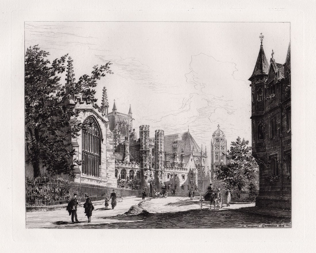 1880 Charles Henri Toussaint St. John's College etching signed: Charles Henri Toussaint. (French, 1849-1911). St. John's College. Original Etching on laid paper. 1880. Signed and Titled in the plate, lower right. Excellent. Image Size 7 1/2 x 9 3/8 inches. Approxi