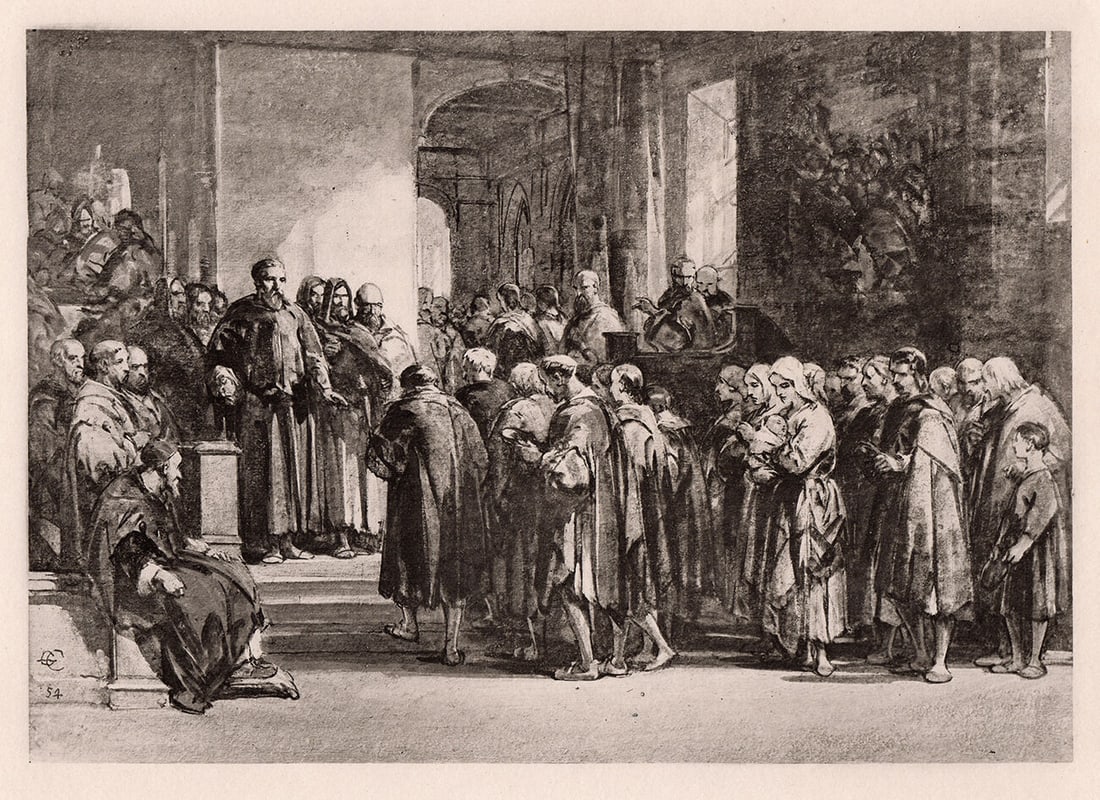George Cattermole A Scene of Monastic Life 1888 Print Signed: George Cattermole. A Scene of Monastic Life. Antique Heliogravure on wove paper after the original watercolor on paper by master engraver Dujardin. 1888. Signed in the plate, lower left. Image Size 7 