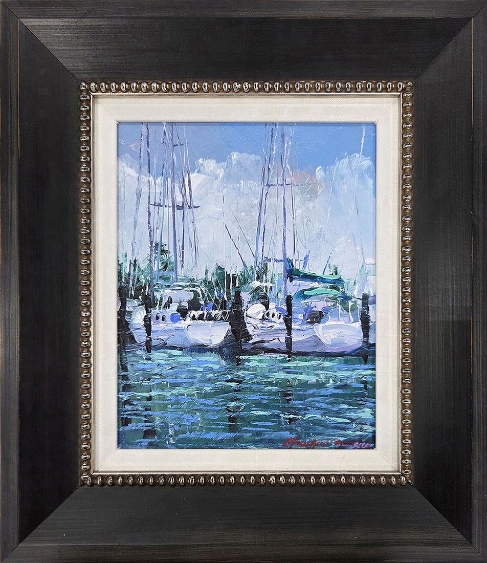 Mauricio Garay Original Painting Marina XXXV Framed: Mauricio Garay. Marina XXXV. Original oil painting on canvas. Canvas Size 8 x 10 inches. This piece has been professionally matted and framed using all new materials. Mauricio Garay began to arouse hi