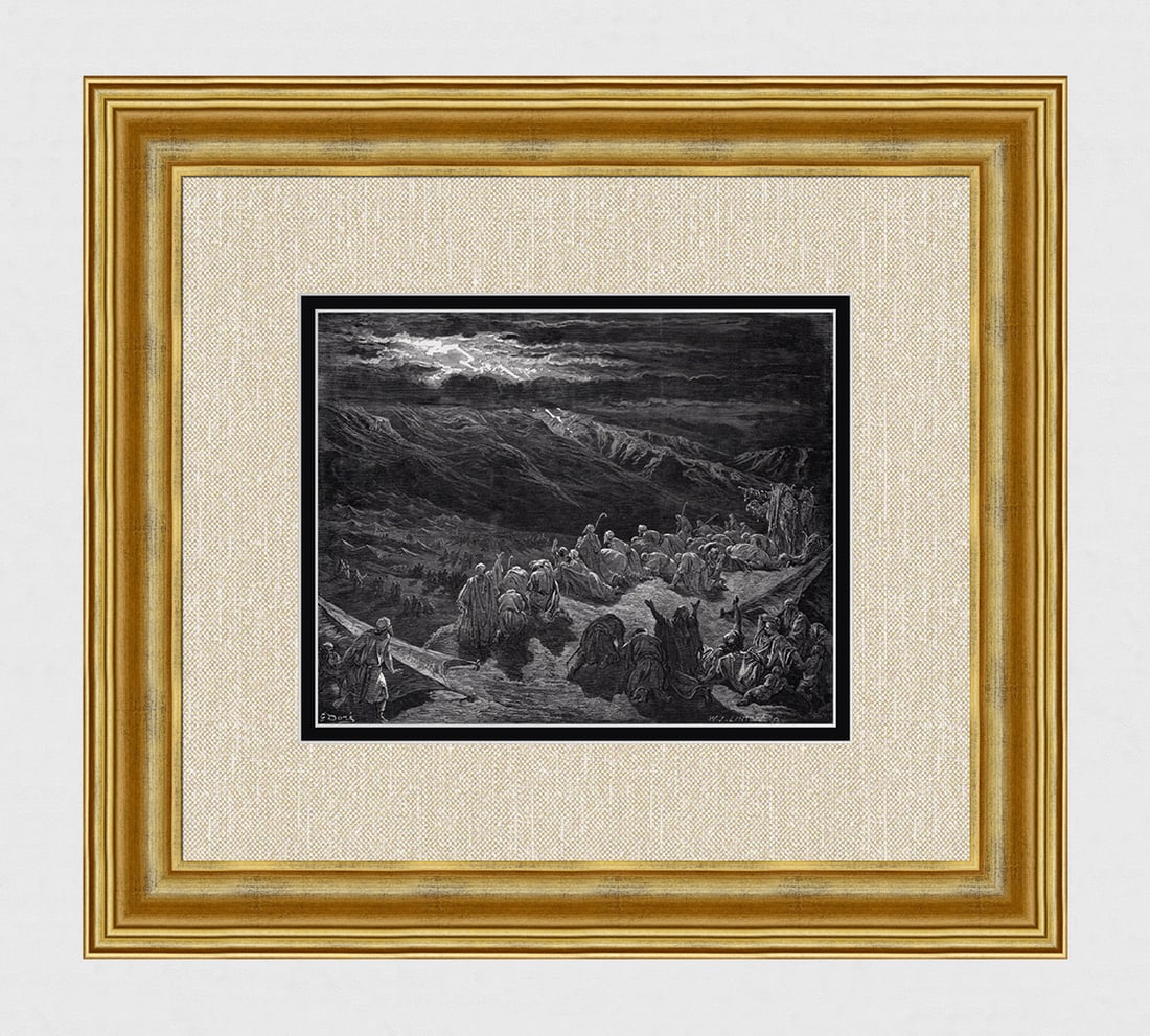 1800s SIGNED GUSTAVE DORE'S BIBLE Wood Engraving The LORD Visits Sinai FRAMED: Gustave Dore (Paul Gustave Louis Christophe Dore) (French, 1832-1883). The Giving of the Law Upon Mount Sinai (from Dore's Bible). Antique Wood Engraving on wove paper executed by master wood engraver