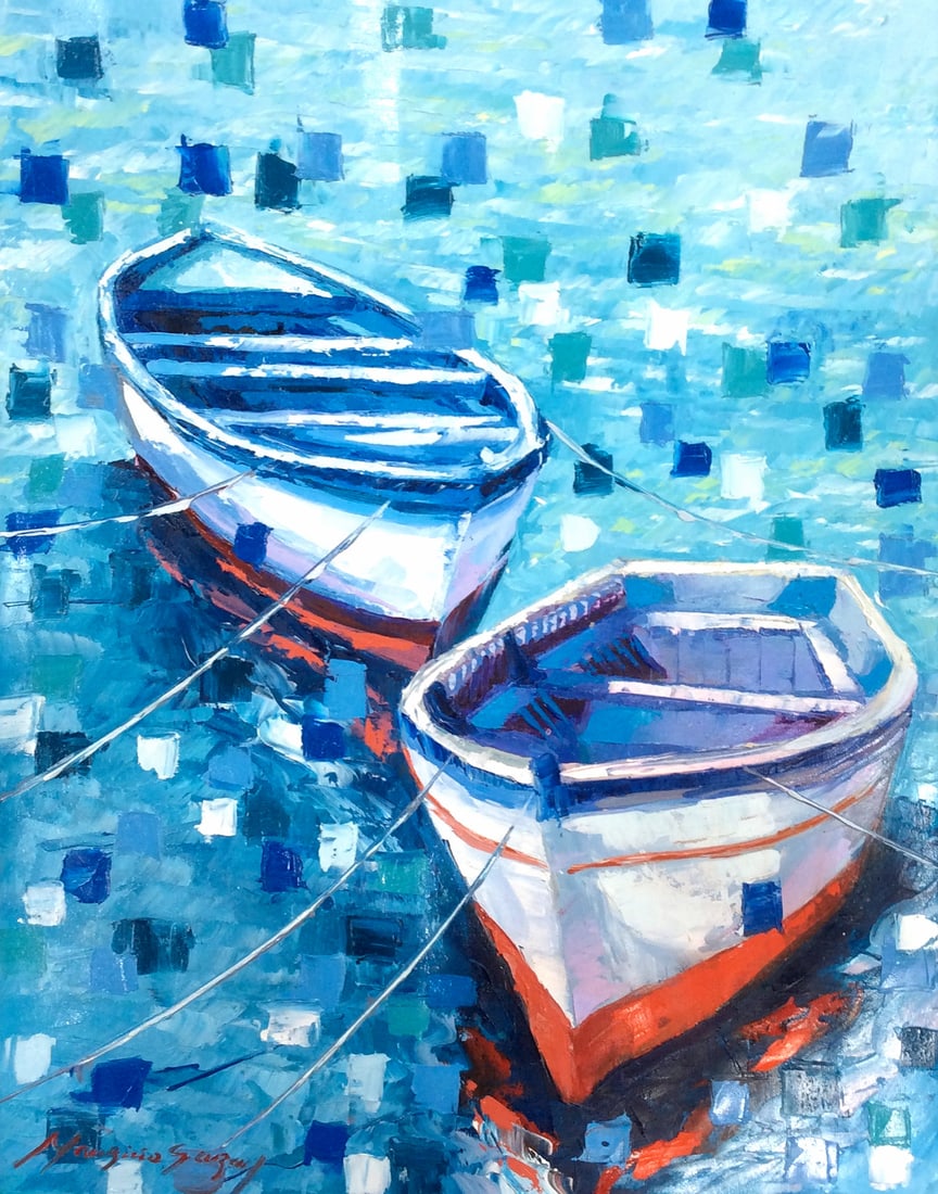 Mauricio Garay Original Painting Boats of Color Framed: Mauricio Garay. Boats of Color II. Original oil painting on canvas. Canvas Size 16 x 20 inches. This piece has been professionally matted and framed using all new materials. Mauricio Garay began to ar