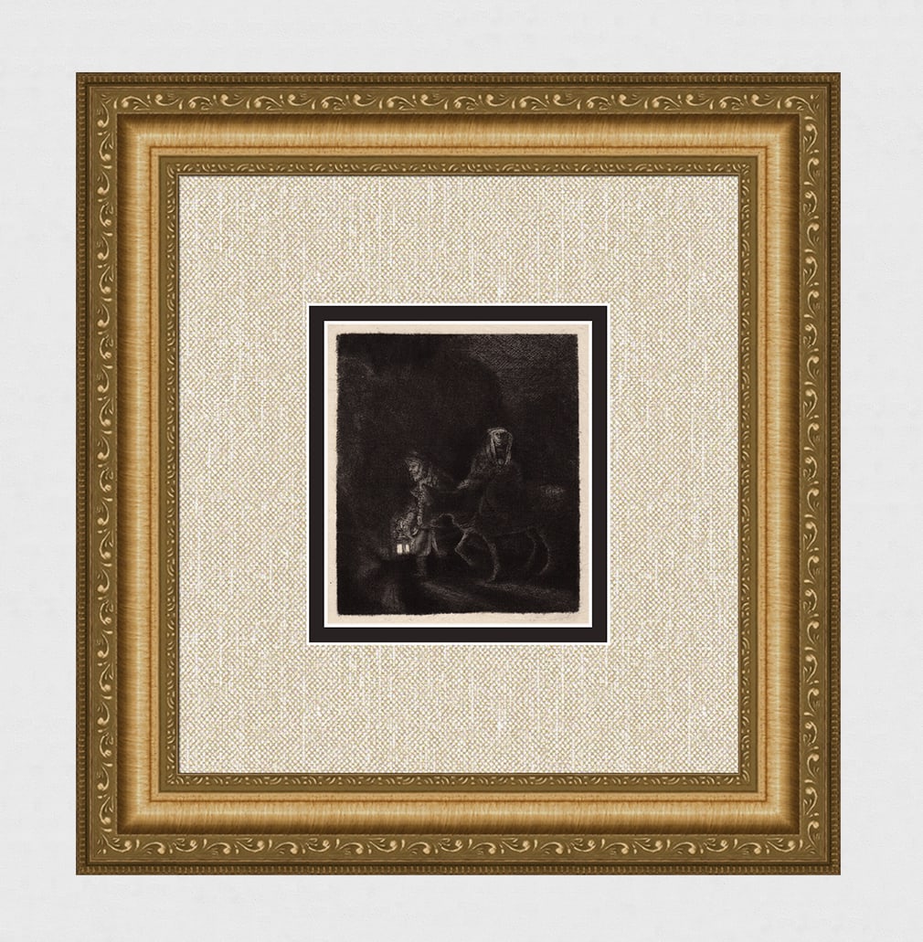 1800s REMBRANDT B53 Etching The Flight into Egypt Durand Framed: After Rembrandt Harmenszoon Van Rijn (1606-1669). The Flight into Egypt: A Night Piece. Antique hand pulled copper plate etching on laid paper after the original by master etcher Amand Durand (1831 - 