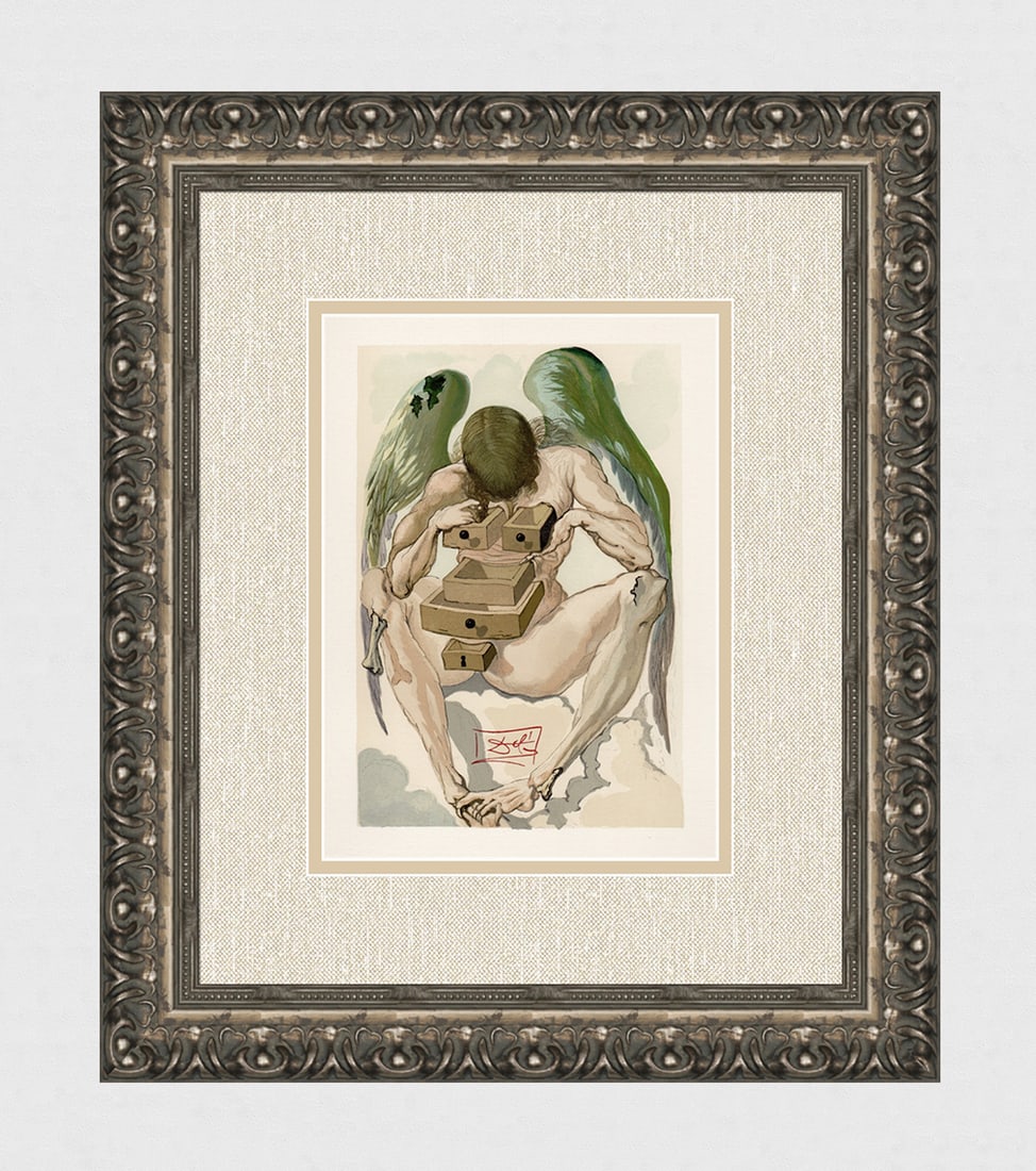 Salvador Dali 1960 Fallen Angel Authentic Woodcut Signed Framed: Salvador Dali. "The Fallen Angel," Purgatory Canto 1. Authentic Original Color Woodcut from The Divine Comedy Printed in 1960 on B.F.K. Rives Paper ( this is not a reproduction, copy, or reprint, but 