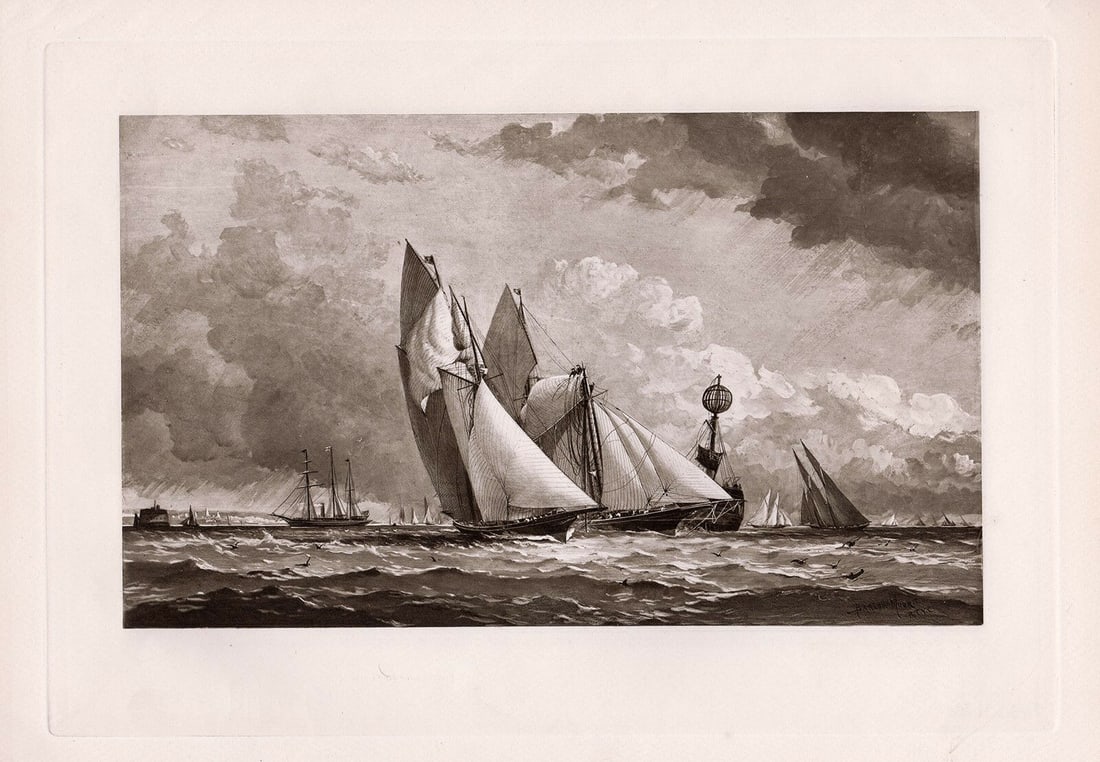 Barlow Moore A Yacht Race 1890 print: Barlow Moore. "A Yacht Race". Antique heliogravure on heavy wove paper after the original. 1890. Signed in the plate lower right. Excellent. Image size 8 x 11 1/2 inches. Approximately 16 x 19