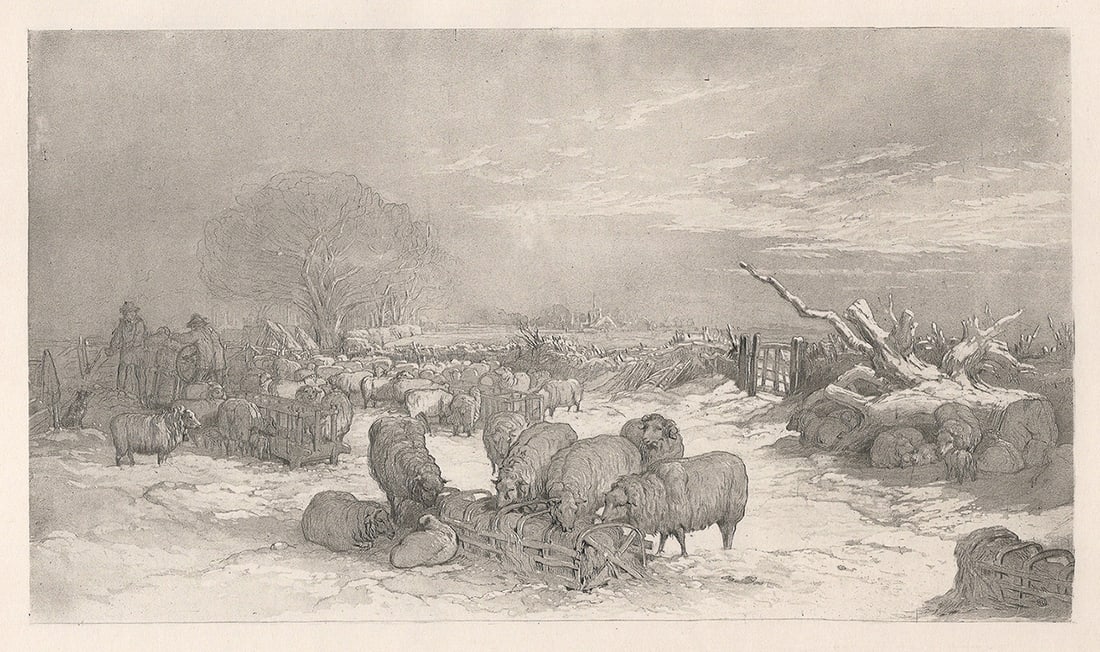 EDWARD DUNCAN 1800s Antique Print WINTER , SHEEP FEEDING Framed: Edward Duncan (English, 1803-1882).Winter.Antique heliogravure after the original by a master engraver. Signed in the plate. Year: 1883.Image Size 5 3/4 x 10 1/4 inches. Framed dimensions,