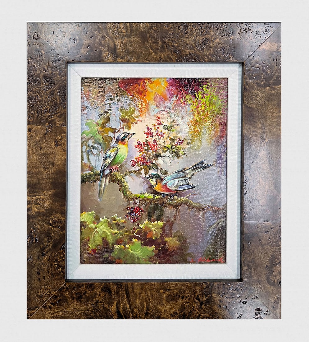 L. Richard Original Oil Painting Songbirds Framed: L. Richard. Two Songbirds. Original oil painting on canvas. Canvas Size 7 1/2 x 9 1/2 inches. Framed dimensions approximately 12 1/2 x 14 1/2 inches. This artwork is accompanied by a Gallery