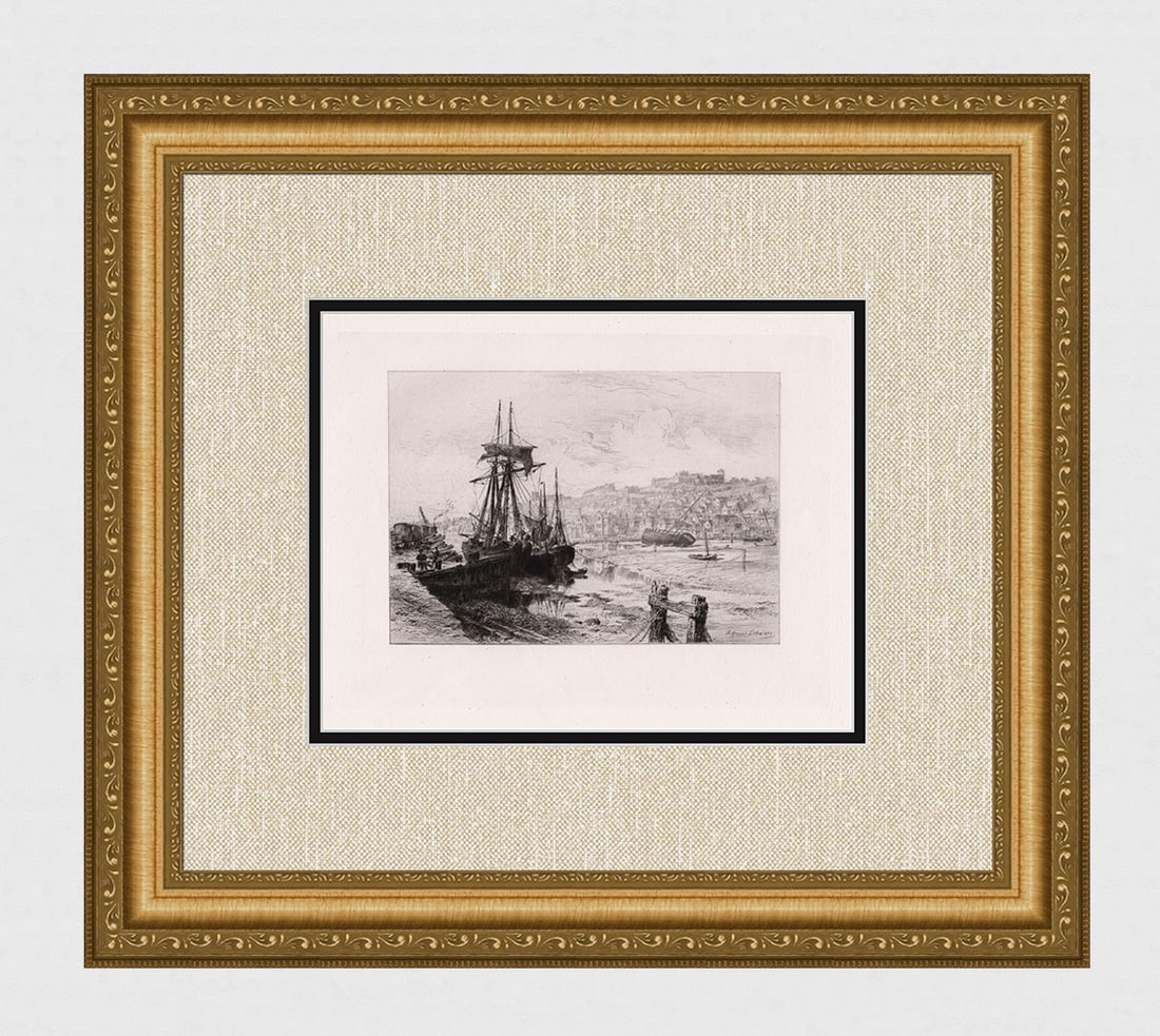 Alfred Louis Brunet Debaines Whitby Abbey 1882 etching: Alfred Louis Brunet Debaines. (1845-1939). Whitby Abbey. Antique etching on laid paper. 1882. Signed in the plate, lower right. Excellent. Image size 7 3/8 x 9 5/8 inches. Approximately 17 x 19