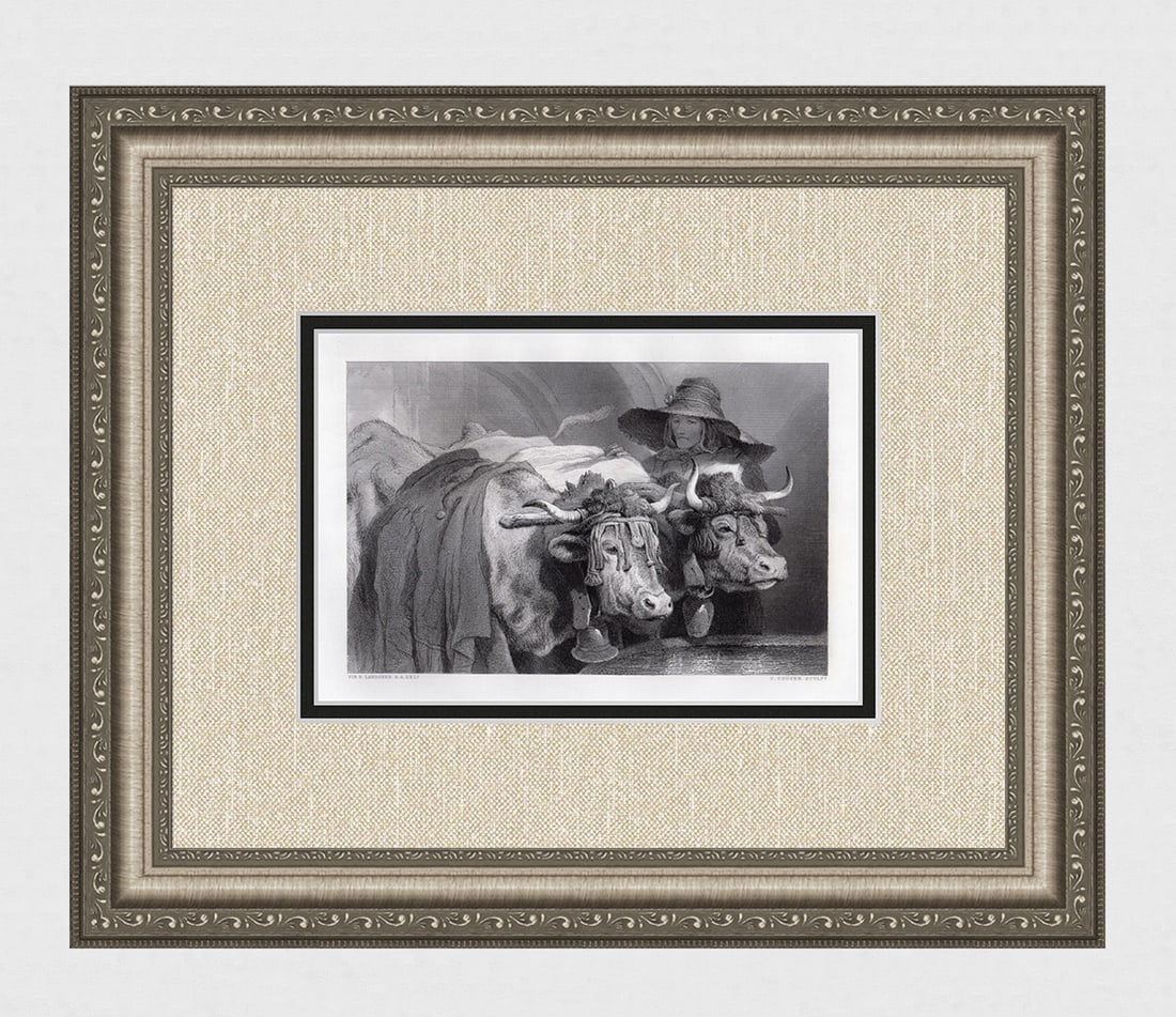 1876 Sir Edwin Henry Landseer Oxen at the Tank - Geneva engraving signed: Sir Edwin Henry Landseer. (English, 1802-1873). Oxen at the Tank - Geneva. Antique Steel Engraving on wove paper after the original by Master Engraver Charles Cousen (1819-1889). 1876. Signed in the