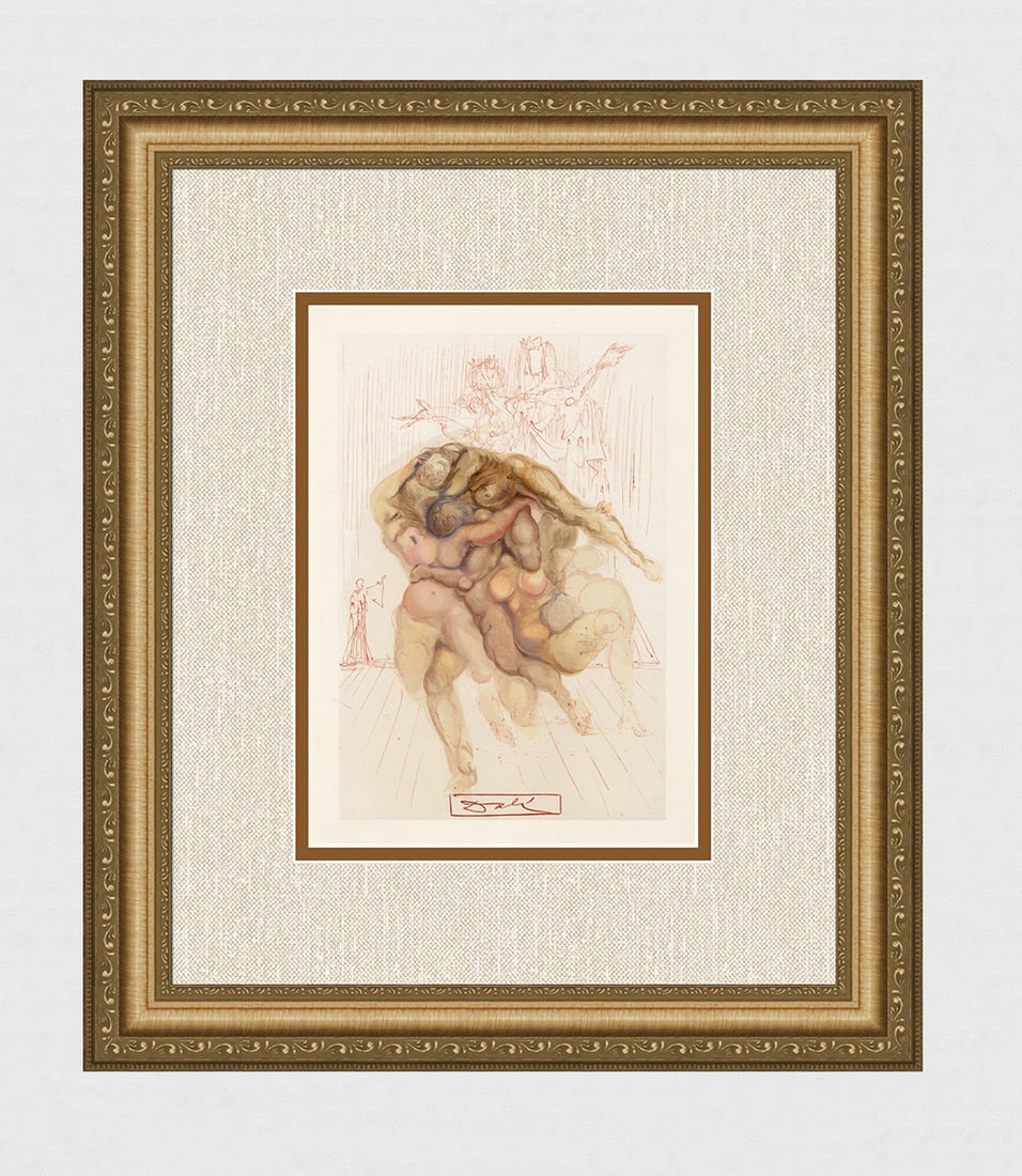 1960 Salvador Dali Angry Ones Original Woodcut Signed: Salvador Dali. (1904-1989). "The Angry Ones" Enferno Canto 8. Block Engraved Signature. Authentic Original Color Woodcut from The Divine Comedy Printed in 1960 on B.F.K. Rives Paper ( this is not a re