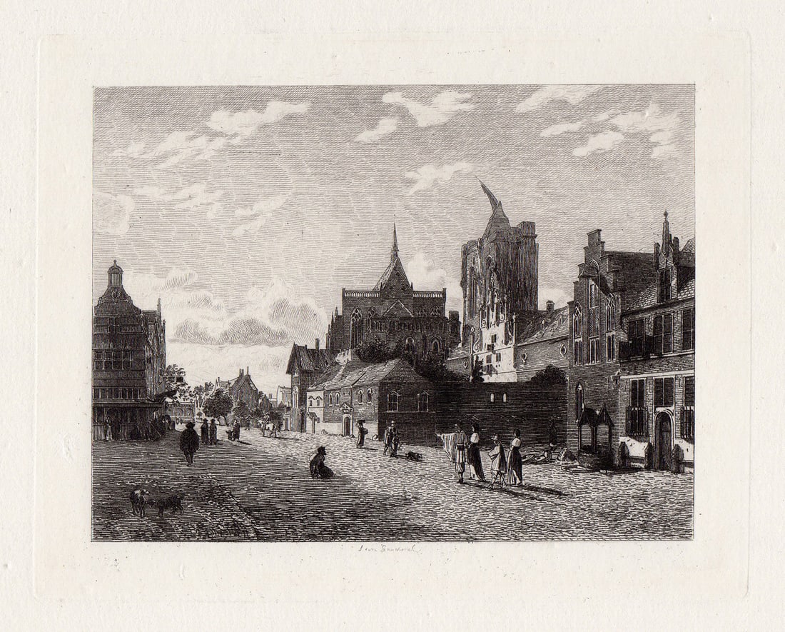 1876 Jan van der Heyden A Street View in Cologne etching signed (1 of 2)