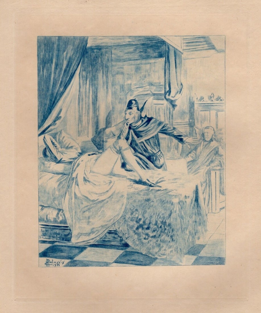 SIGNED Edmond MALASSIS LIMITED Nude Engraving Yearning Desires FRAMED: Edmond Malassis (French, 1874 - 1944). Guilty Pleasures I (P?ch?s mignons I) (Cent Nouvelles Nouvelles). Vintage copper plate engraving in blue ink on Velin paper after the original by master engraver