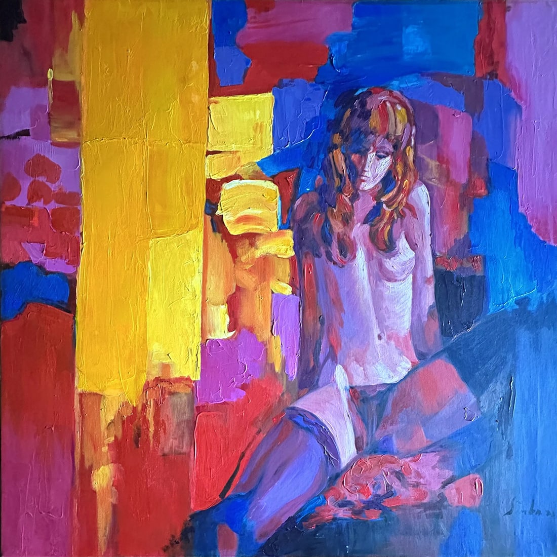 Nicola Simbari Nude Oil on Canvas Kathy la Blonde 36 x 36 inches: Nicola Simbari (1927 - 2012). Kathy la Blonde. Oil on Canvas. Signed lower right, titled on reverse. Canvas Size 36 x 36 inches. Framed dimensions 42 x 42 approximately inches. This piece has been pro