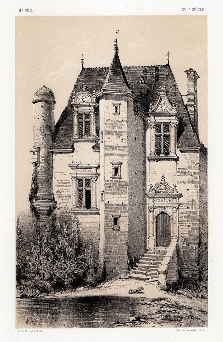 SIGNED Victor Petit Original 1800s Lithograph Manoir De Chastenay FRAMED: Victor Jean Baptiste Petit (French 1817-1871). Manoir De Chastenay Sarthe (Manor of Chastenay, Sarthe). Original tinted lithograph on strong vellum paper. Year: 1860. Signed in the plate. Published by
