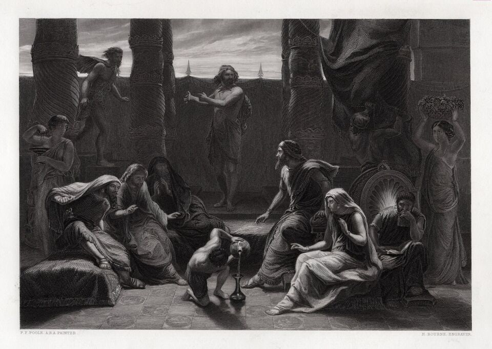 Paul Falconer POOLE 1800s Engraving Job & his Friends Signed FRAMED: Paul Falconer Poole (English, 1806-1879). Job and His Friends. Antique engraving on wove paper after the original by master engraver Herbert Bourne (British, c. 1825-1907). Year: 1854. Signed in the p