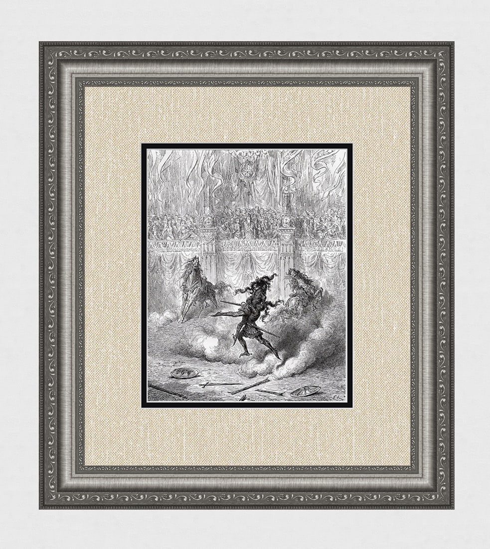 GUSTAVE DORE 1800s Woodcut Rodomonte & Ruggiero Battle FRAMED Signed COA: Gustave Dore (Paul Gustave Louis Christophe Dore )(French, 1832-1883). Having refrained from wearing arms for a Year, a month and a day after Bradamante bested him at the narrow bridge, Rodomonte