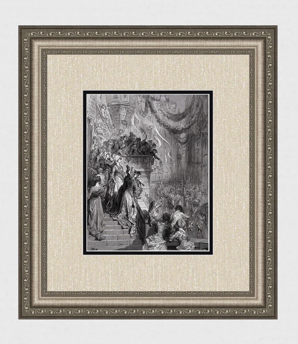 1800s Gustave Dore Woodcut Charlemagne Summoned the Heros Framed Signed: Gustave Dore (Paul Gustave Louis Christophe Dore )(French, 1832-1883). The Christian Heroes enter the City to which Charlemagne has Summoned them (From Orlando Furioso). Antique woodcut on wove paper 
