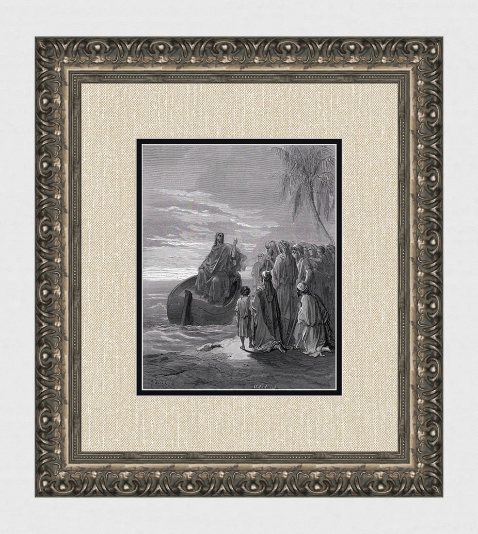Gustave DORE'S BIBLE 1800s Woodcut Jesus Calls His First Disciples SIGNED FRAMED: Gustave Dore (Paul Gustave Louis Christophe Dore) (French, 1832-1883). Jesus Preaching at the Sea of Galilee (from Dore's Bible). Antique woodcut wove paper after the original by a master wood