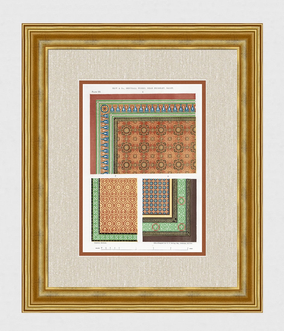 1855 Color Engraving of Encaustic Floor Pattern Framed Maw and Co: Maw and Co.. Group of three encaustic floor patterns. Antique engraving on wove paper after the original b ay master engraver (including designs by Leighton Brothers and H.B. Garling). Year: 1855.