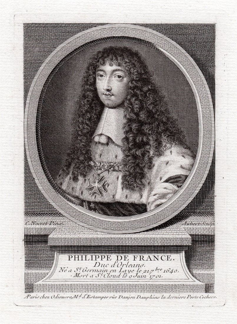Jean Nocret Philippe de France engraving signed: Jean Nocret. (1615/17-1672). Philippe de France. Antique Steel engraving on laid paper, after the original, by Master Engraver Aubert. 1745. Signed in the plate. Excellent. Image Size 4 x 5 1/2 inches