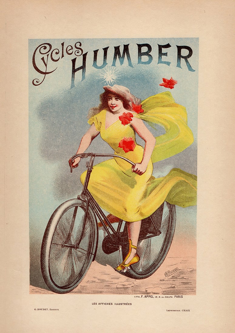 LIMITED 1896 Albert HOUBRAC Signed Lithograph & Proof THE BICYCLIST Framed: Alfred Choubrac (French, 1853 - 1902). Cycles Humber. Stone lithograph on Japon Paper. Year: 1896. Signed in the plate, lower right. Extremely rare. One of only 25 printed on Japon paper and accompani