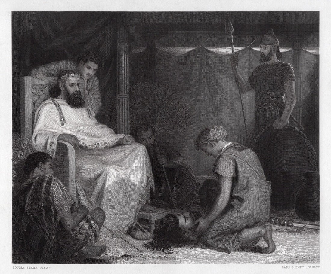 SIGNED 1800s Louisa Starr Engraving David brought before Saul Framed: Louisa Canziani Starr (British, 1845 - 1909). David brought before Saul. Antique engraving on wove paper after the original by master engraver Samuel S Smith (British, 1810 -1879). Year: 1871. Signed