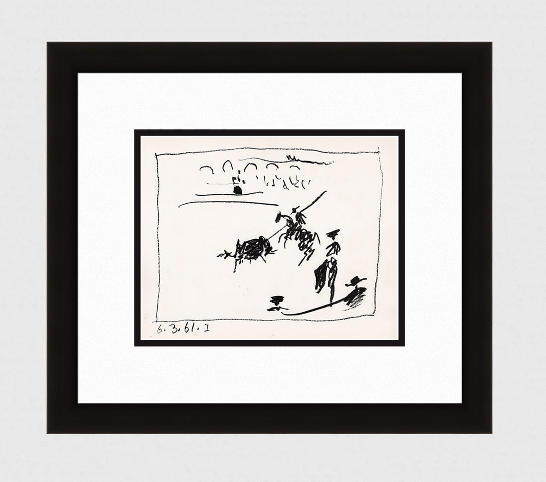 1961 Pablo Picasso La Pique I Lithograph Framed Mourlot Bullfight: Pablo Picasso (Spanish,1881-1973).La Pique I (Bloch 1014; Cramer 113). Original Transfer Lithograph on wove paper. 1961. Atelier Mourlot. Sheet Size: 9 1/2 x 12 1/2 inches. Sight size c. 8 x 10 inches