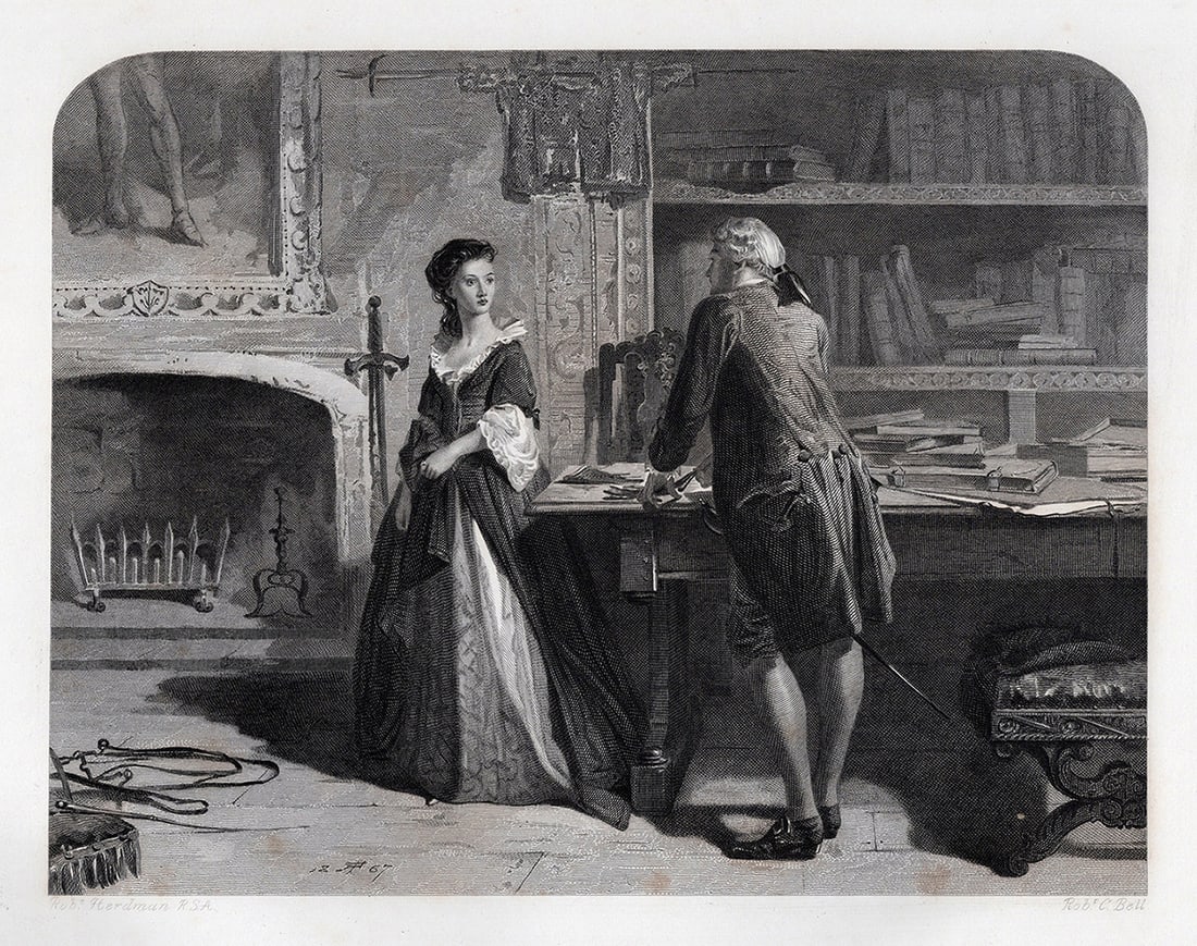 SIGNED 1800s Robert HERDMAN Engraving The Glove Scene FRAMED: Robert Herdman (British, 1829-1888). Diana Vernon and Frank Obsaldistone in the Library, The Glove Scene. Antique engraving on wove paper after the original by master engraver Rob C. Bell. Year: