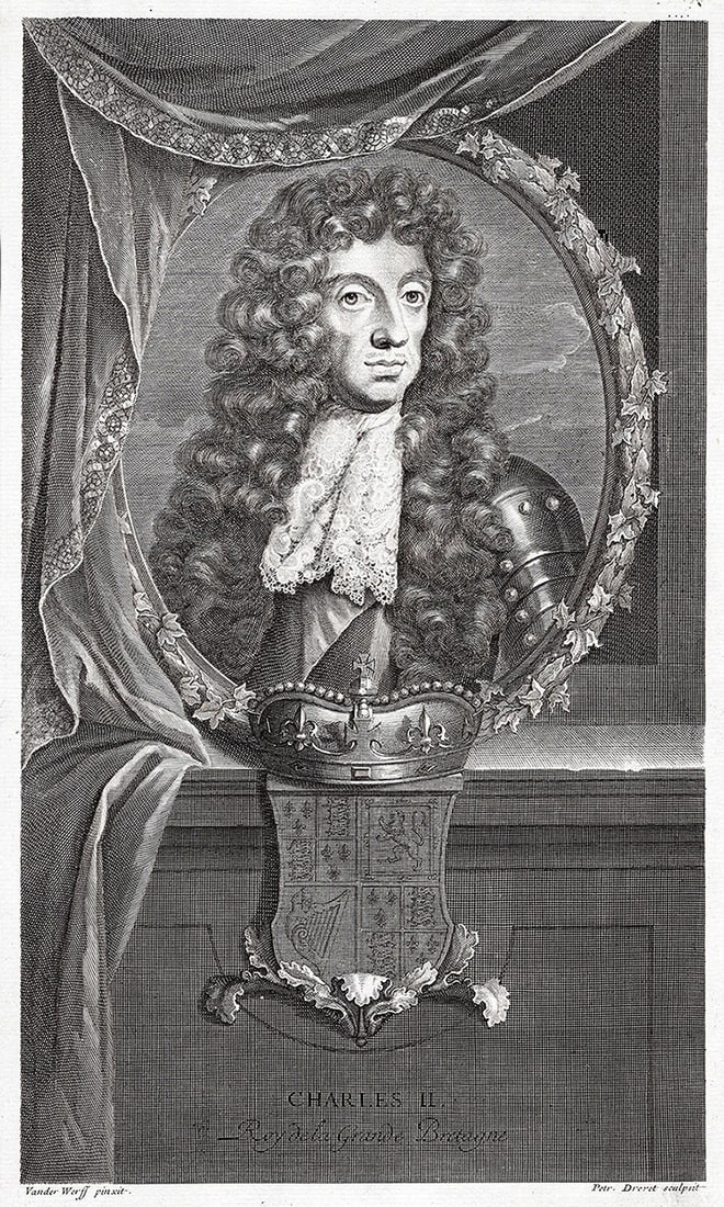 Adriaen van der Werff 1697 Engraving King Charles II Framed: Adriaen van der Werff (1659 - 1722). King Charles II (1630-1685), Reigned 1660-85. Antique engraving on wove paper after the original by master engraver Pierre Drevet (French, Loire-sur-Rh?ne 1663-173