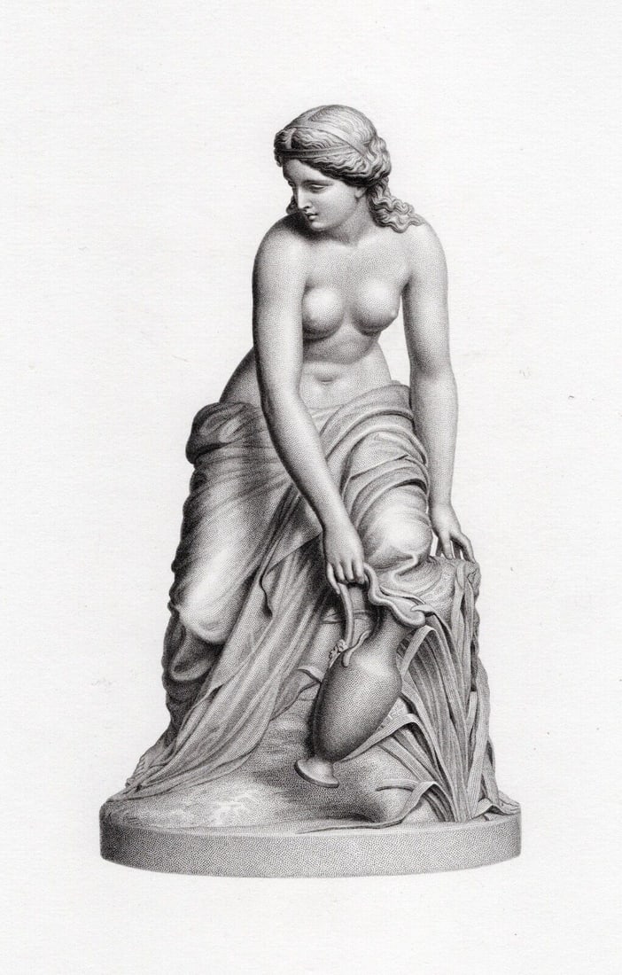 1800s James Sherwood Westmacott Engraving Naiad Kneeling on a Rock FRAMED: James Sherwood Westmacott (British, 1823-1900). The Fountain Nymph. Antique engraving on wove paper after the original master engraver William Callis Roffe (British, 1817 - 1902). Year: 1861. Conditio
