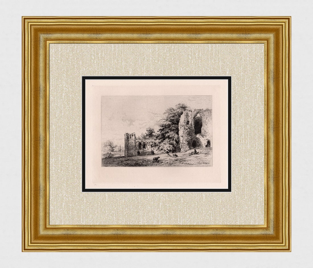 Alfred Louis Brunet Debaines Easby Abbey etching signed: Alfred Louis Brunet Debaines. (1845-1939). "Easby Abbey". Original etching on thick laid paper. 1882. Signed in the plate lower right. Excellent condition. Image size 7 3/8 x 9 3/4 inches. Framed dime