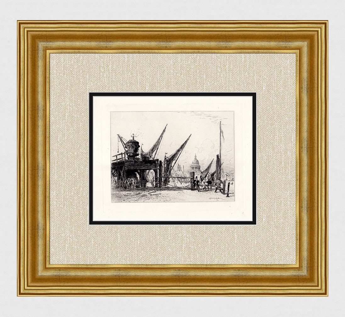 1887 Alfred Debaines Saint Paul's from the Bankside etching signed: Alfred Louis Brunet-Debaines (1845-1939). Saint Paul's from the Bankside. Original Hand Pulled Copper Plate Etching on Laid Paper. 1887. Signed in the Plate. Excellent. Image Size 7 x 9 inches. Approx