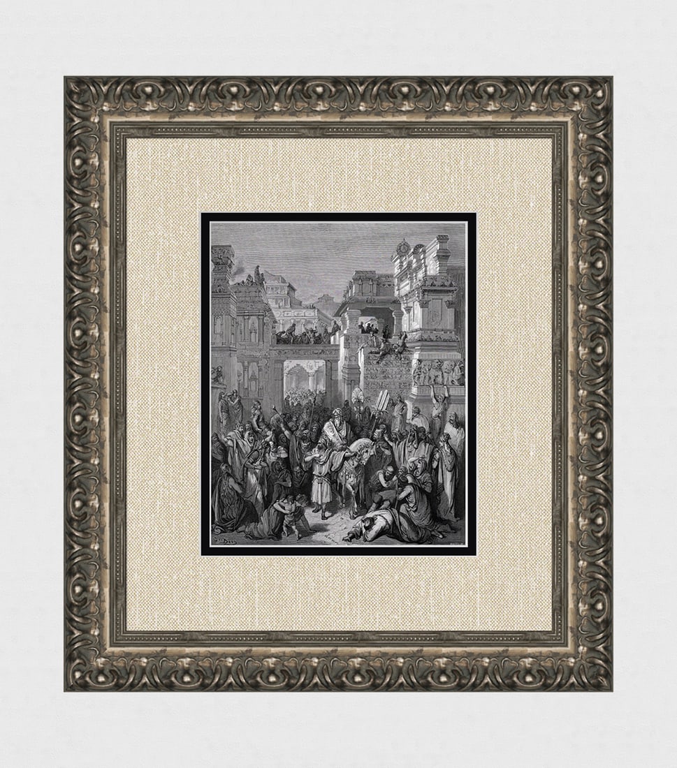 1800s GUSTAVE DORE BIBLE Woodcut MORDECAI IS HONORED Framed Signed: Gustave Dore (Paul Gustave Louis Christophe Dore) (French, 1832-1883). Triumph of Mordecai (from Dore's Bible). Antique woodcut wove paper after the original by a master wood engraver Laurent Hotelin 