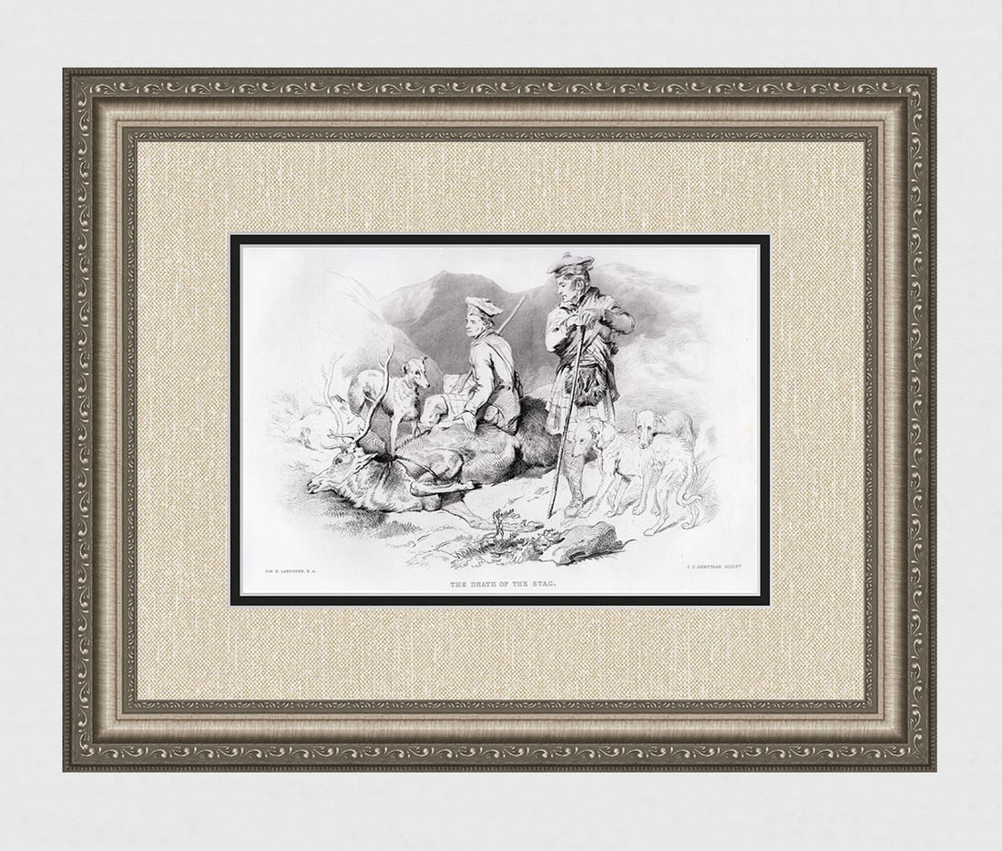 Sir Edwin Henry Landseer The Death of the Stag 1876 engraving: Sir Edwin Henry Landseer. (English, 1802-1873). The Death of the Stag. Antique Steel Engraving on wove paper after the original by Master Engraver James Charles Armytage (English, 1802 or c. 1820 - 18