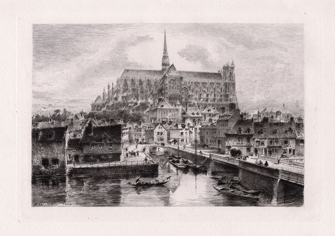 Charles Henri Toussaint 1884 etching Amiens Cathedral signed: Charles Henri Toussaint. (French, 1849-1911). Amiens Cathedral. Antique etching on thick laid paper. 1884. Signed in the plate lower left. Excellent. Image size 7 3/4 x 11 1/4 inches. Approximately 17