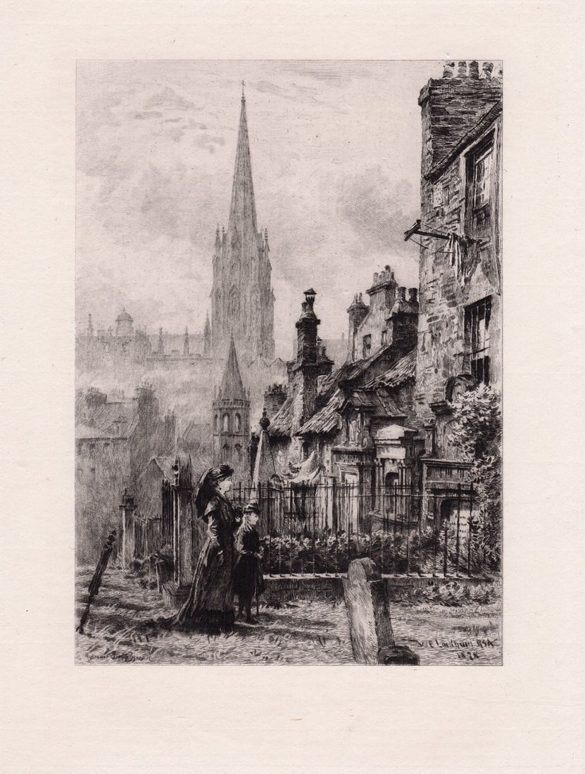 1878 William Ewart Lockhart Greyfriars etching signed: William Ewart Lockhart. (1846-1900). Greyfriars. Antique etching on thick laid paper after the original by master etcher Alfred Louis Brunet Debaines (1845-1939). 1878. Signed in the plate. Excellent.