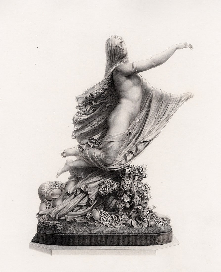 Classical Rafaelle Monti 1800s Antique Engraving Dream of Joy Framed: Rafaelle Monti (Italian, 1818-1881). The Sleep of Sorrow and the Dream of Joy. Antique Engraving on wove paper after the original sculpture by master engraver Edward William Stodart (British, 1841-191