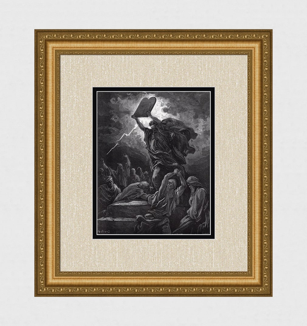 Gustave Dore 1800s Woodcut "Moses Breaks the Tablets" FRAMED Signed: Gustave Dore (Paul Gustave Louis Christophe Dore) (French, 1832-1883). Moses breaking the Tables of the Law (from Dore's Bible). Antique woodcut on wove paper after the original by master wood engrave