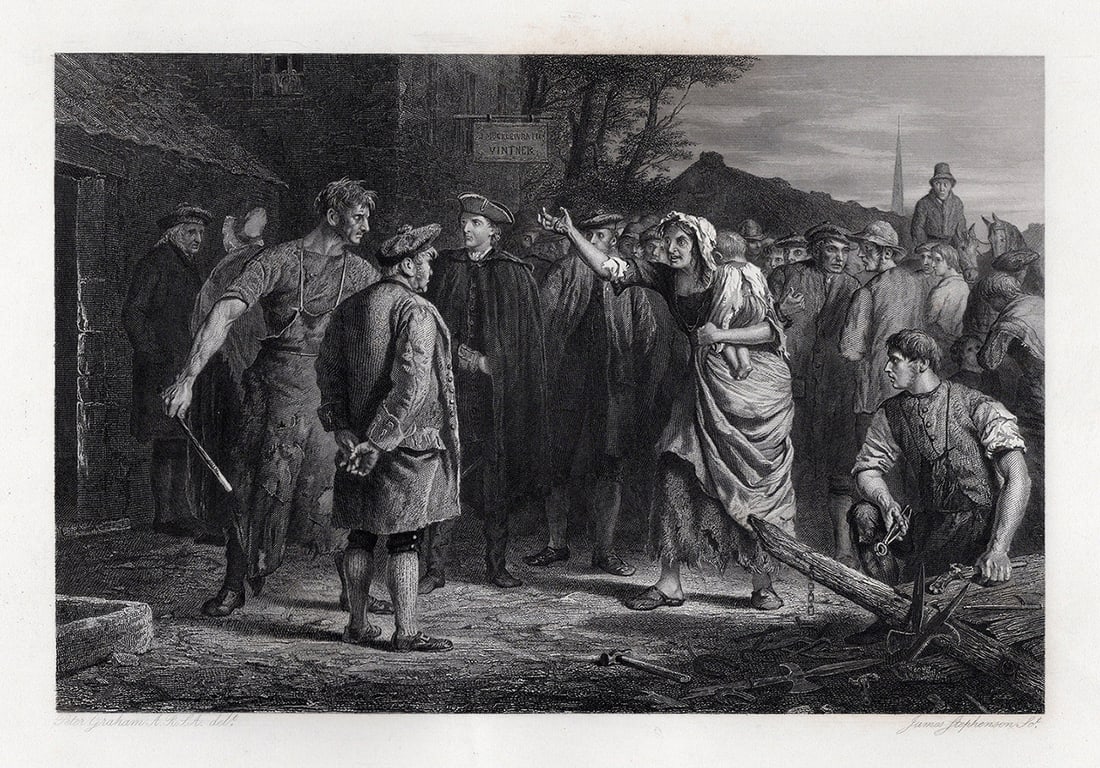 Framed PETER GRAHAM 1800s Engraving Poor Villagers Gathering Signed (1 of 3)