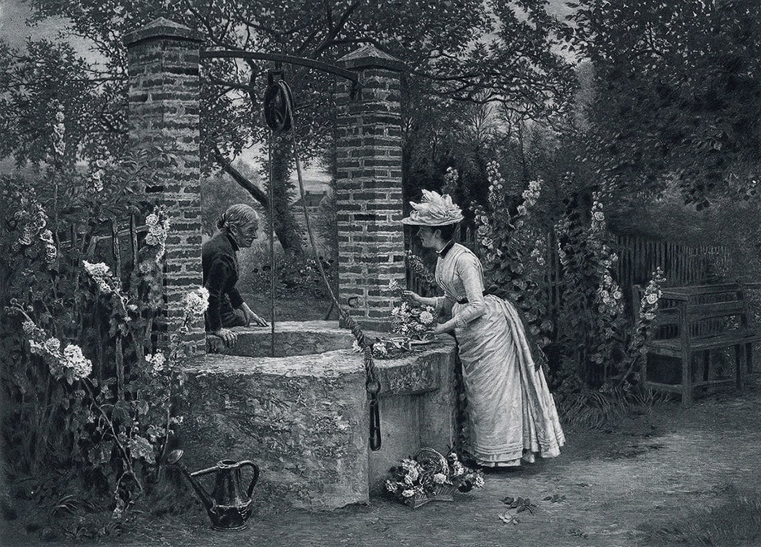 1800s FIRMIN GIRARD Antique Print Well between Properties Framed Signed: Firmin Girard (Francois-Marie Firmin) (French, 1838-1921). A Well between Two Properties. Antique heliogravure on heavy wove paper after the original by a Master Engraver. Year: c. 1890. Image size 7 