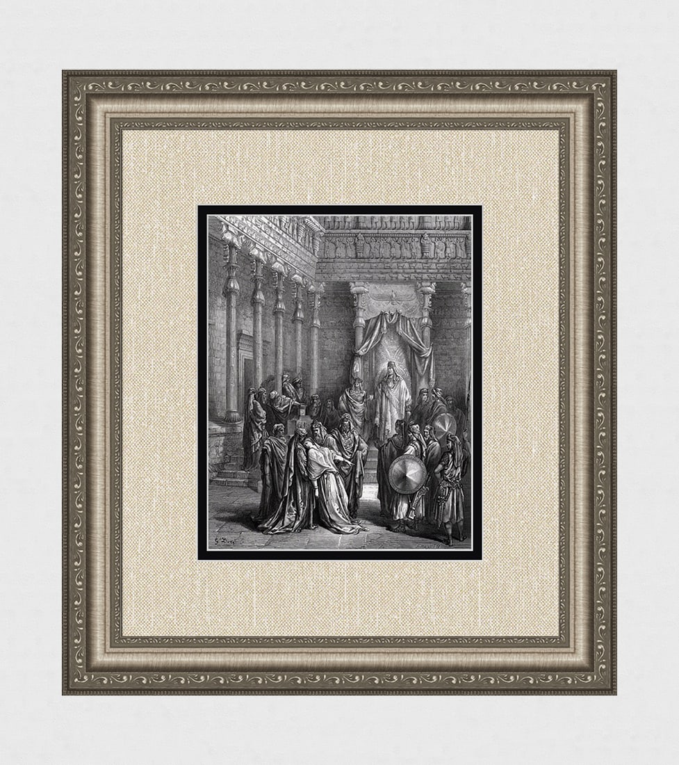 1800s Gustave DORE Biblical Woodcut Esther Before the King SIGNED FRAMED: Gustave Dore (Paul Gustave Louis Christophe Dore) (French, 1832-1883). Esther before the King (from Dore's Bible). Antique woodcut wove paper after the original by a master wood engraver Jules Jean Ma