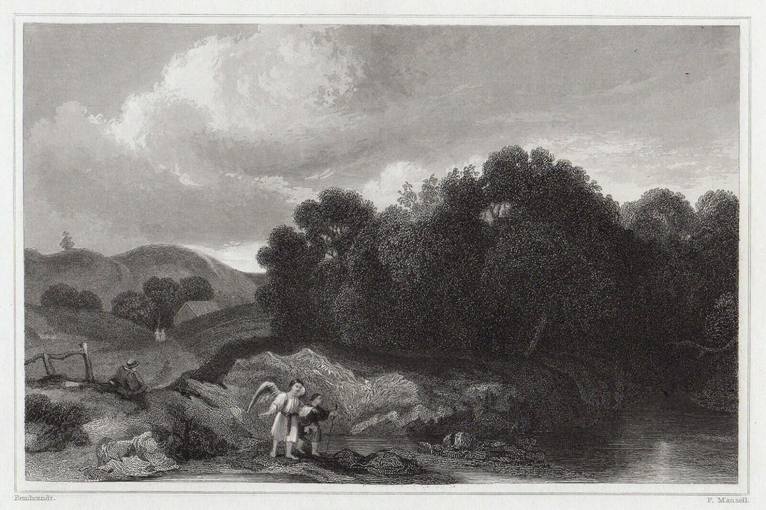 Rembrandt Harmenszoon Van Rijn Tobit and the Angel 1834 Engraving Signed: Rembrandt Harmenszoon Van Rijn. Tobit and the Angel. Antique steel engraving on wove paper after the original by master engraver F. Mansell. 1834. Signed in the plate. Image Size - 4 3/8 x 6 5/8 inche
