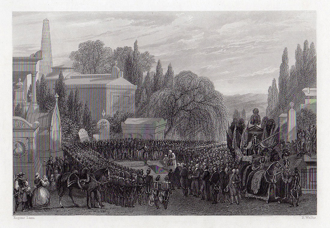 Eugene Lami Antique Engraving Pere Lachaise: Eugene Louis Lami (1800 - 1890). Pere Lachaise, Paris France. Antique engraving on wove paper after the original by master engraver Robert Wallis (English, 1794 - 1878). c. 1840. Signed in the plate. 