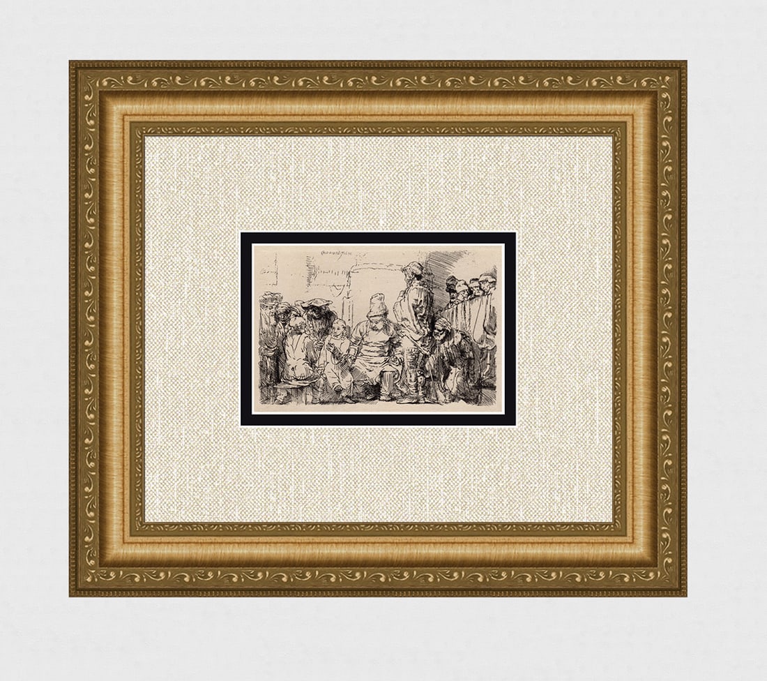 1800s REMBRANDT B64 Etching SIGNED Christ Disputing With Doctors Durand: After Rembrandt Harmenszoon Van Rijn (1606-1669). Title: Christ Seated Disputing with Doctors. Medium: Antique hand pulled copper plate etching on laid paper after the original by master etcher Amand 