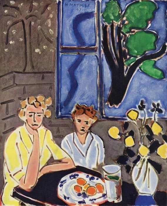 Henri Matisse Two Girls, Gray Background, Blue Window (Deux Fillettes, Fond Gris, Fenetre Bleue): Henri Matisse. Two Girls, Gray Background, Blue Window (Deux Fillettes, Fond Gris, Fenetre Bleue). Color heliogravure after the original oil on canvas. 1948. Signed in the plate, upper center. Teriade