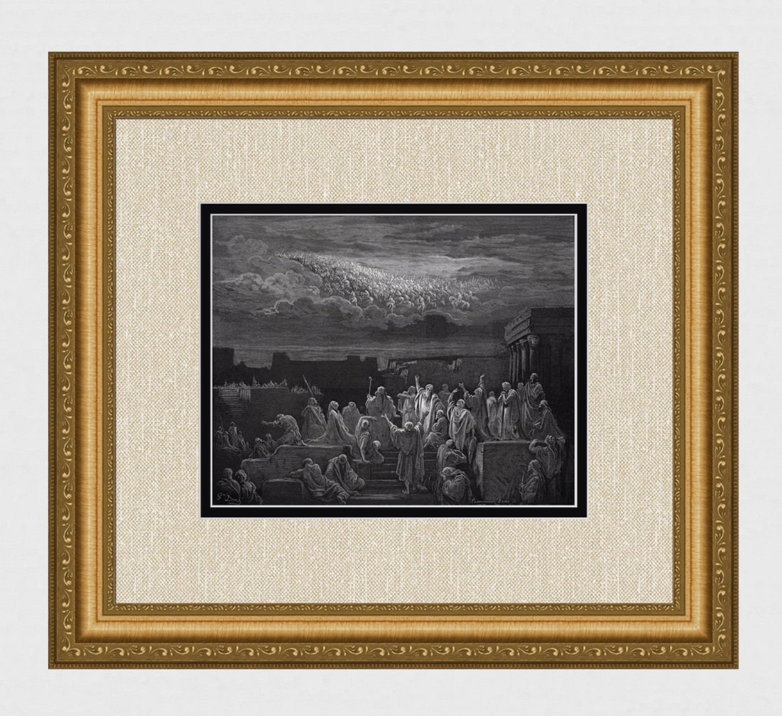 Biblical 1800s GUSTAVE DORE Woodcut An Army Appears in Heavens FRAMED SIGNED: Gustave Dore (Paul Gustave Louis Christophe Dore) (French, 1832-1883). The Army Appears in the Heavens (from Dore's Bible). Antique woodcut wove paper after the original by a master wood engravers Ado